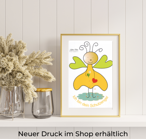 Gelbe Schutzengel-Karte mit fröhlichem Design von Katrin Behr und optionalem Kraftpapier-Umschlag